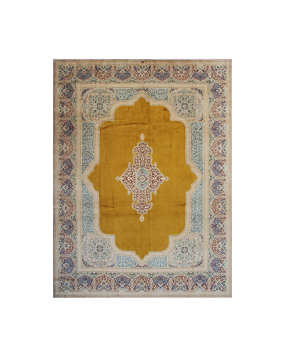 Decorative rug with intricate patterns and a prominent yellow center on a white background