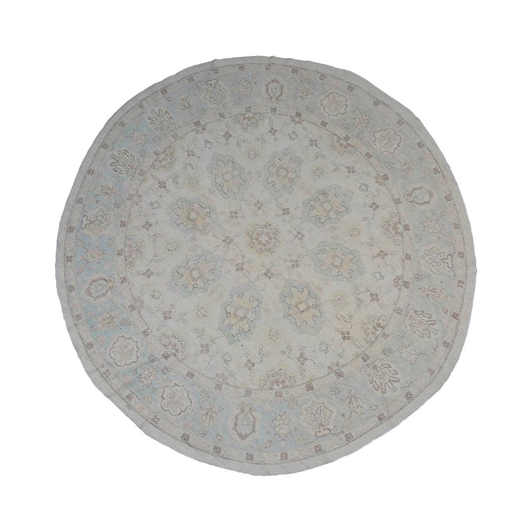10'x10' Afghan Hand-Knotted Round Rug – Ivory, Blue & Brown | Agra Design