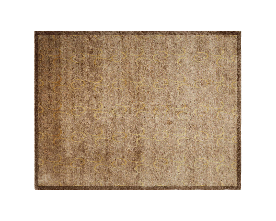 Large 10x10 square hand-knotted Tibetan wool rug in rich brown with an intricate floral pattern.