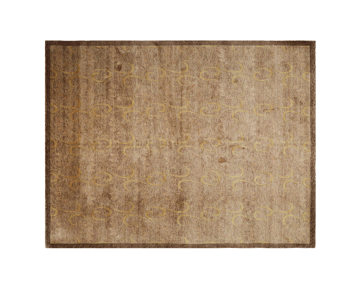 Large 10x10 square hand-knotted Tibetan wool rug in rich brown with an intricate floral pattern.