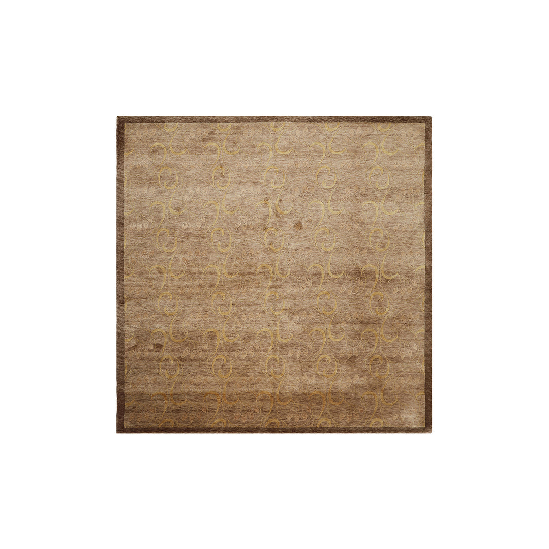 Large 10x10 square hand-knotted Tibetan wool rug in rich brown with an intricate floral pattern.
