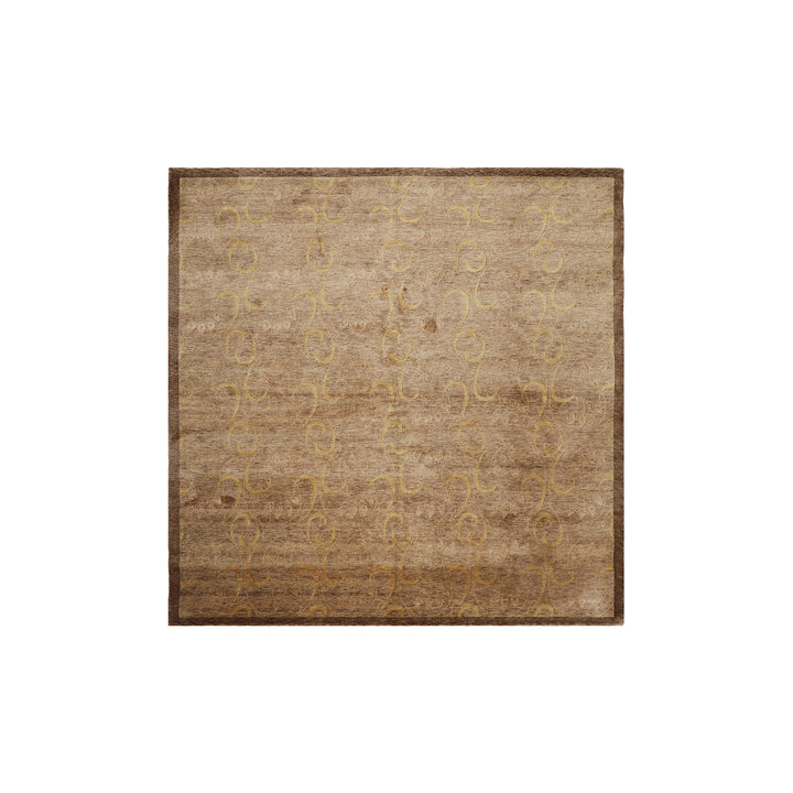 Large 10x10 square hand-knotted Tibetan wool rug in rich brown with an intricate floral pattern.