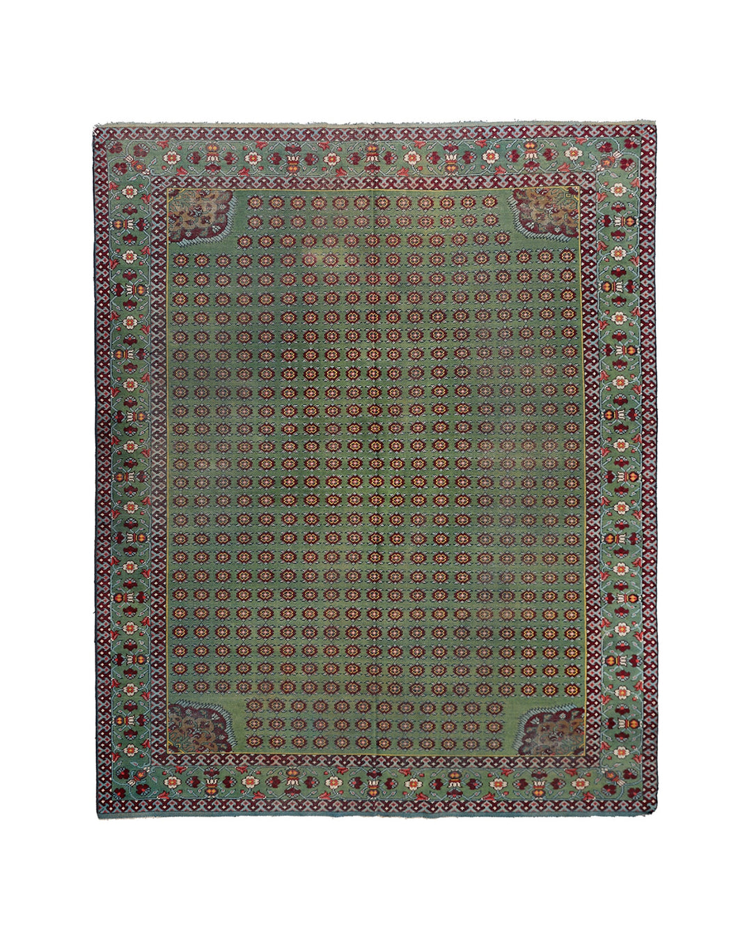 Antique English Hand-Knotted Green Wool Rug - 9'10" x 12'5"