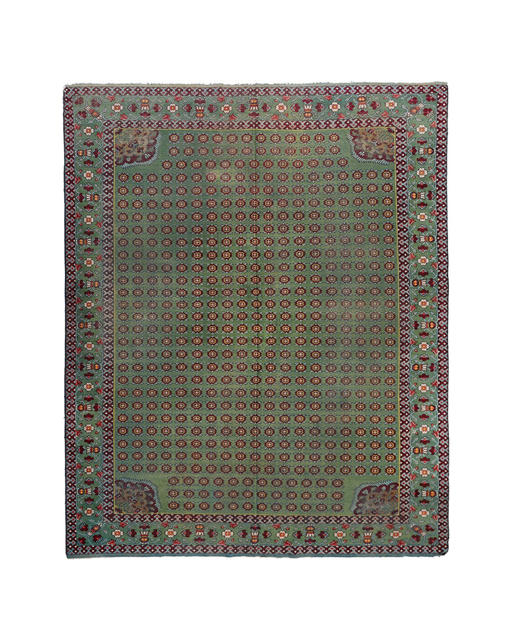 Antique English Hand-Knotted Green Wool Rug - 9'10" x 12'5"