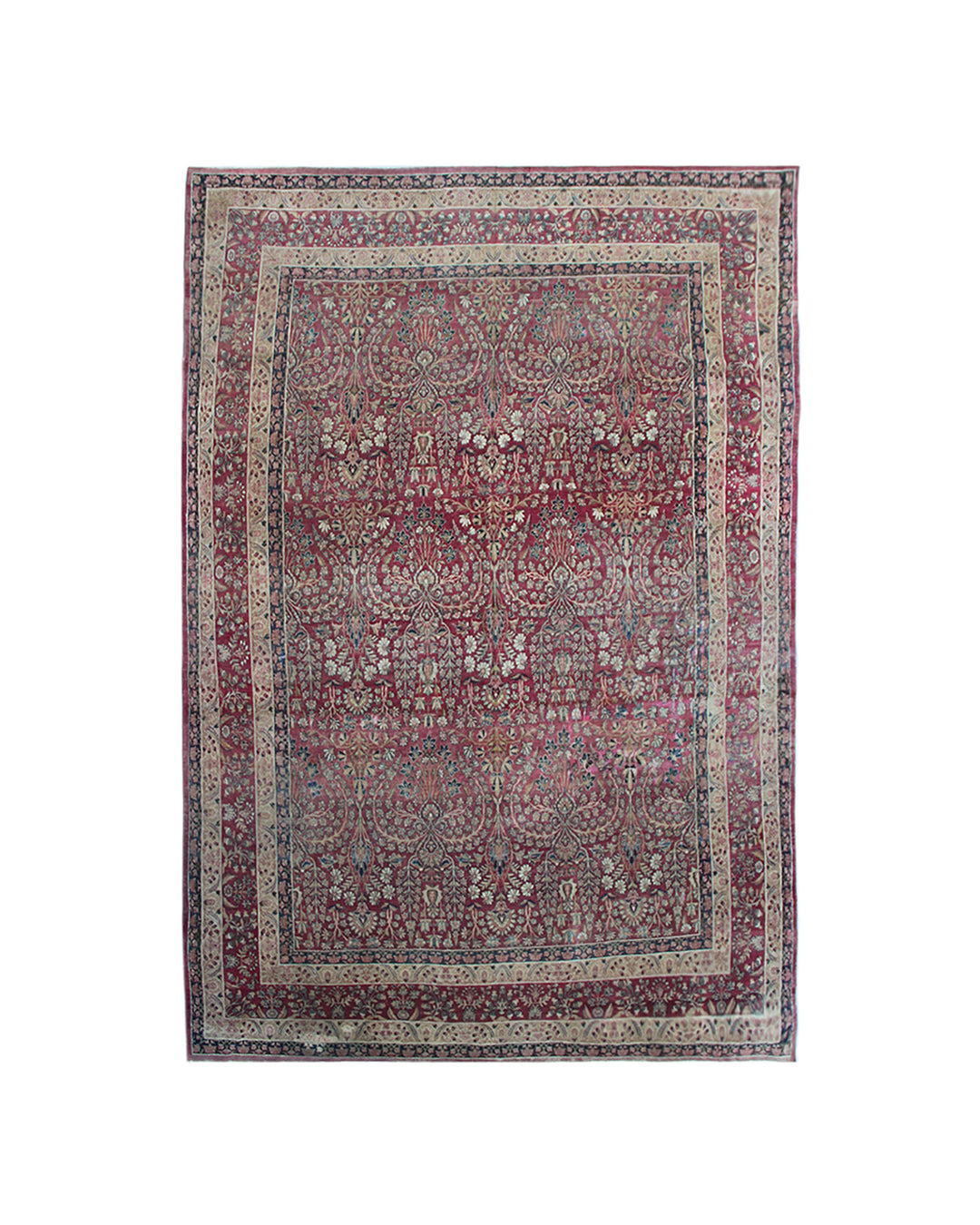 Antique Persian Kermanshah wool area rug featuring intricate floral designs in burgundy, deep navy blue, and white with a low pile