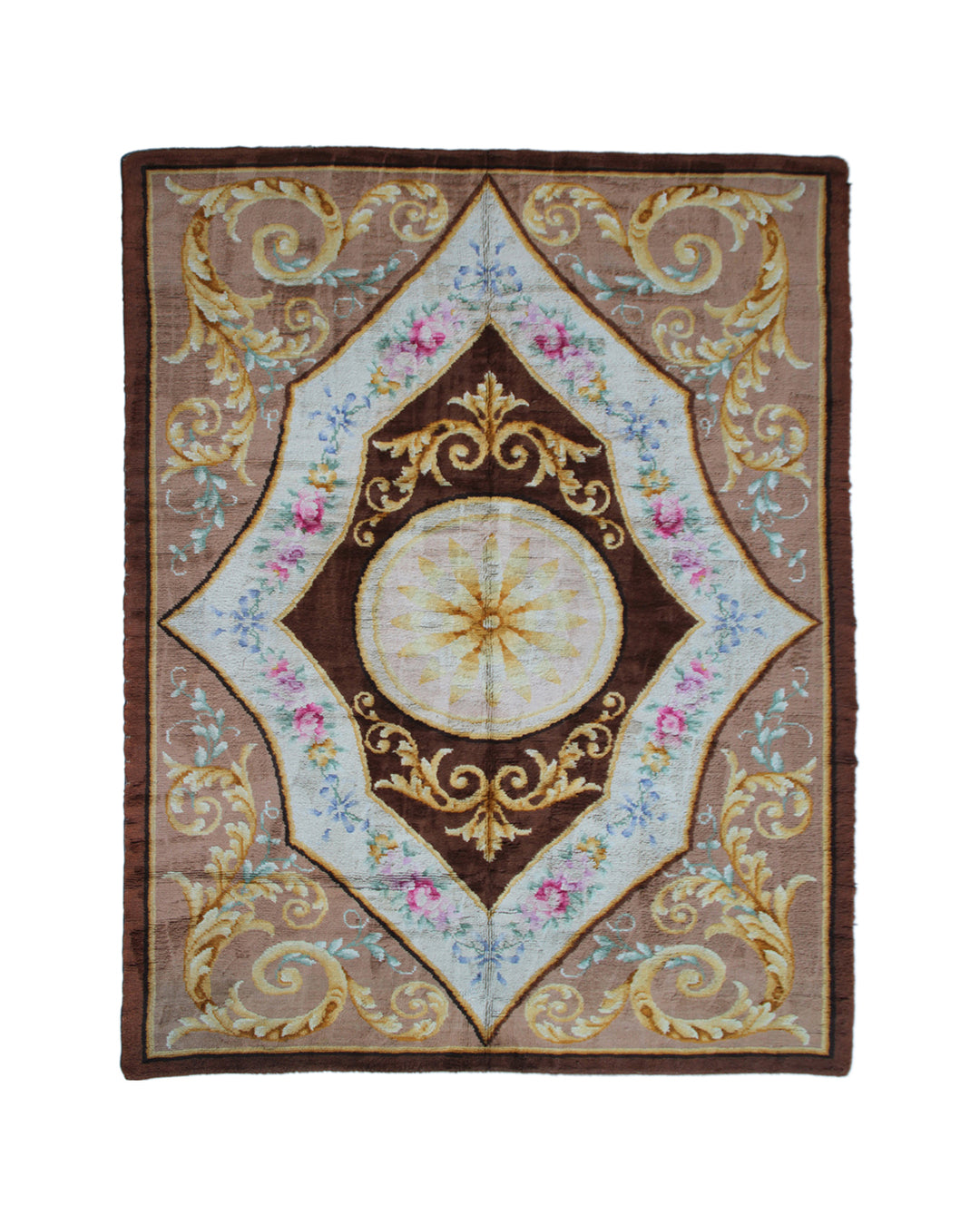 10'x13' antique Spanish Savonnerie area rug with intricate floral motifs in brown, gold, ivory, and pink