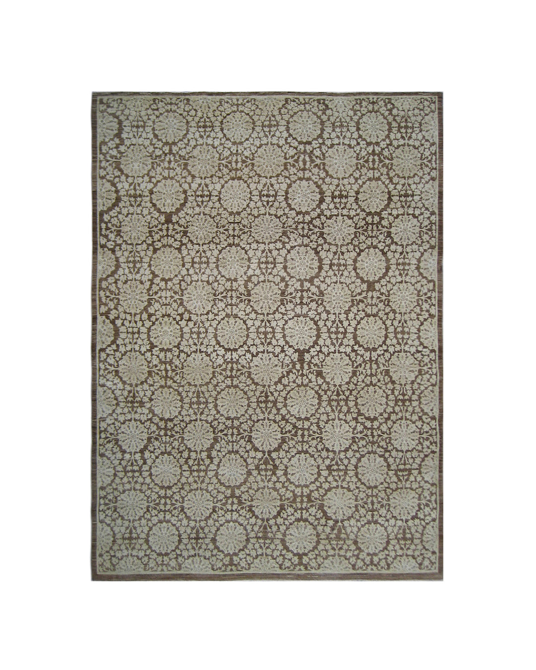 A rectangular area rug with an intricate repeating geometric and floral pattern in brown and beige, shown flat against a solid white background.