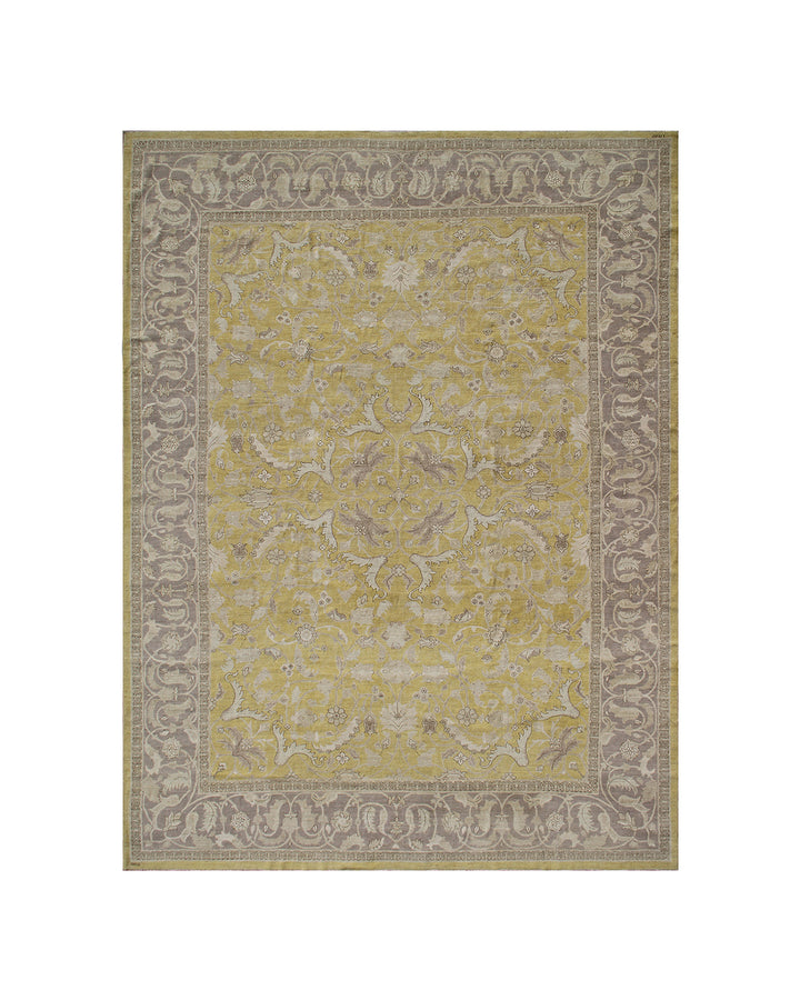 10'x13' fine quality Polonaise design hand-knotted silk and wool area rug in Kenari yellow, mauve, and ivory