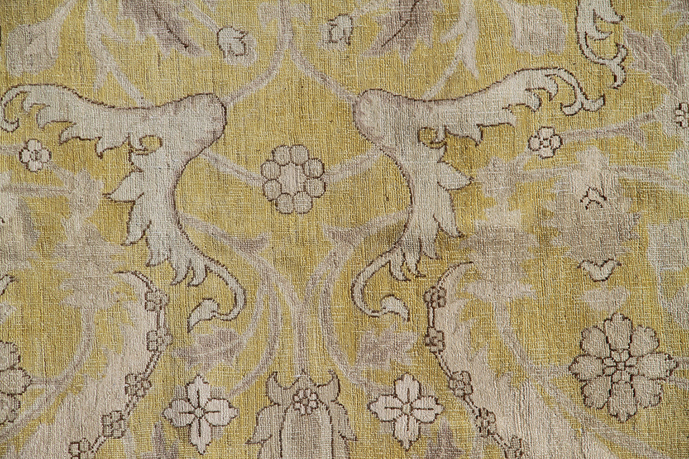10'x13' fine quality Polonaise design hand-knotted silk and wool area rug in Kenari yellow, mauve, and ivory