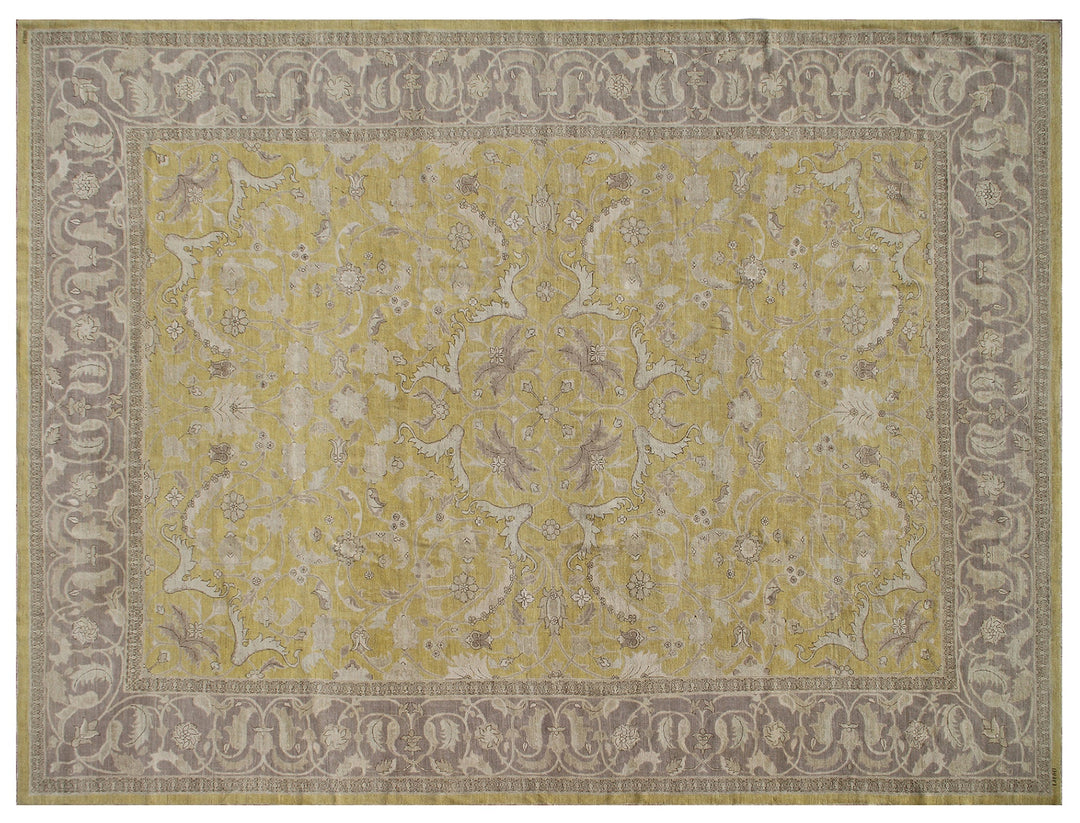 10'x13' fine quality Polonaise design hand-knotted silk and wool area rug in Kenari yellow, mauve, and ivory