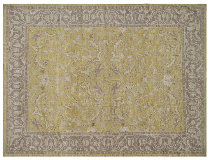 10'x13' fine quality Polonaise design hand-knotted silk and wool area rug in Kenari yellow, mauve, and ivory