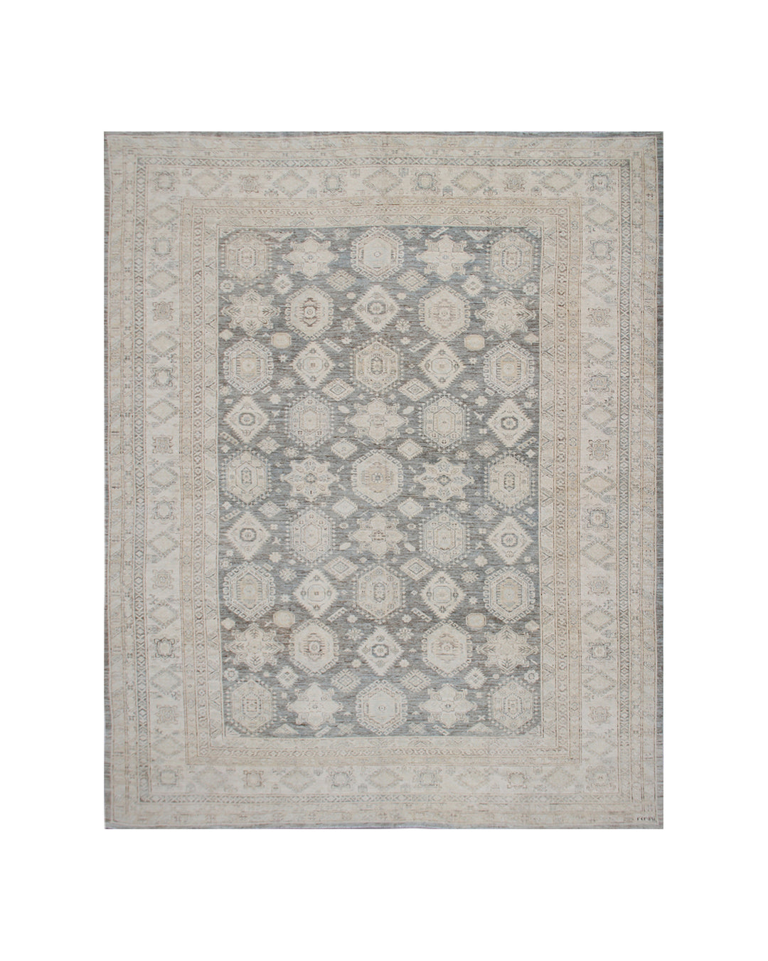 10x13 geometric hand-knotted wool area rug with grey green ivory border from the Ariana Hazara Collection by Ariana Rugs