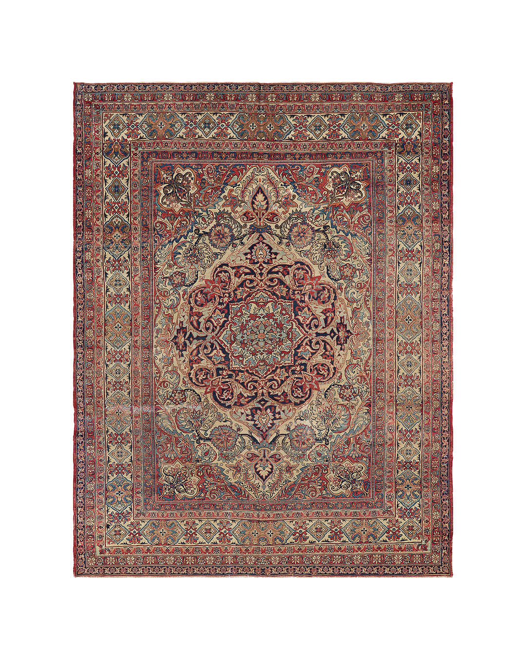 A traditional oriental-style area rug with an intricate floral and medallion pattern in muted red, beige, blue, and green tones, shown flat against a plain white background.