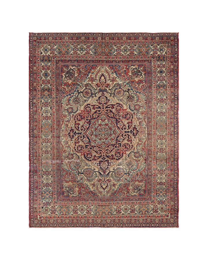 A traditional oriental-style area rug with an intricate floral and medallion pattern in muted red, beige, blue, and green tones, shown flat against a plain white background.
