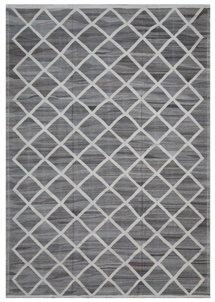 10'x13' Large Kilim | Geometric Wool | Grey Ivory Ariana Kilim Rug