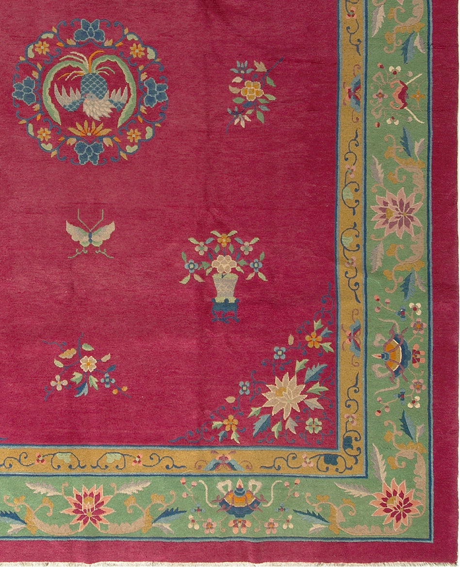 10'x13' Vintage Chinese Art Deco Rug | Pink & Green Rug