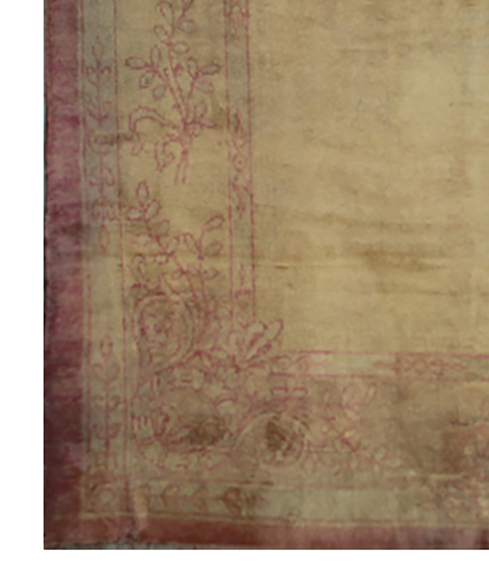 10'x13' vintage Spanish Savonnerie design area rug in yellow green and pink hand-knotted wool