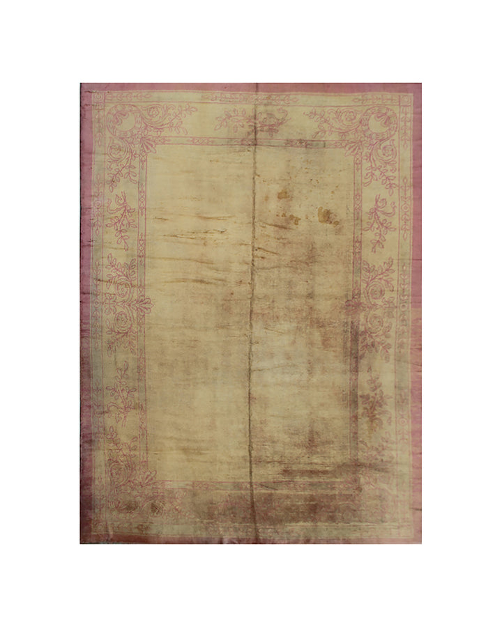 10'x13' vintage Spanish Savonnerie design area rug in yellow green and pink hand-knotted wool