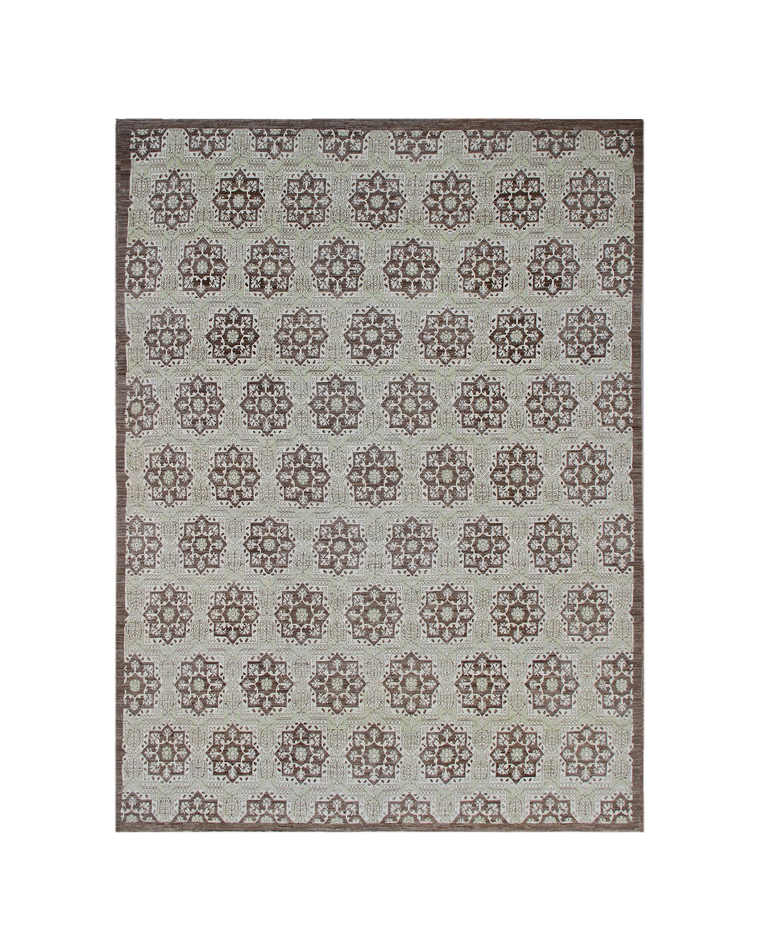 Handmade 10x13 Afghan wool area rug featuring European design motifs in rich browns, greens, and creams