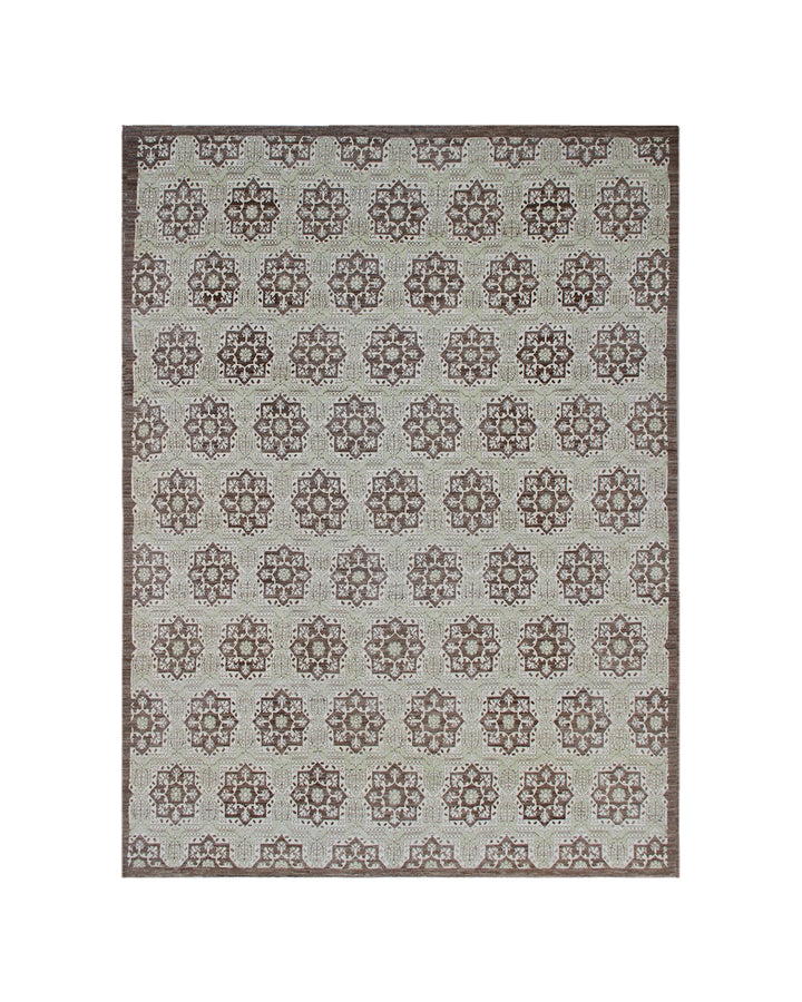 Handmade 10x13 Afghan wool area rug featuring European design motifs in rich browns, greens, and creams