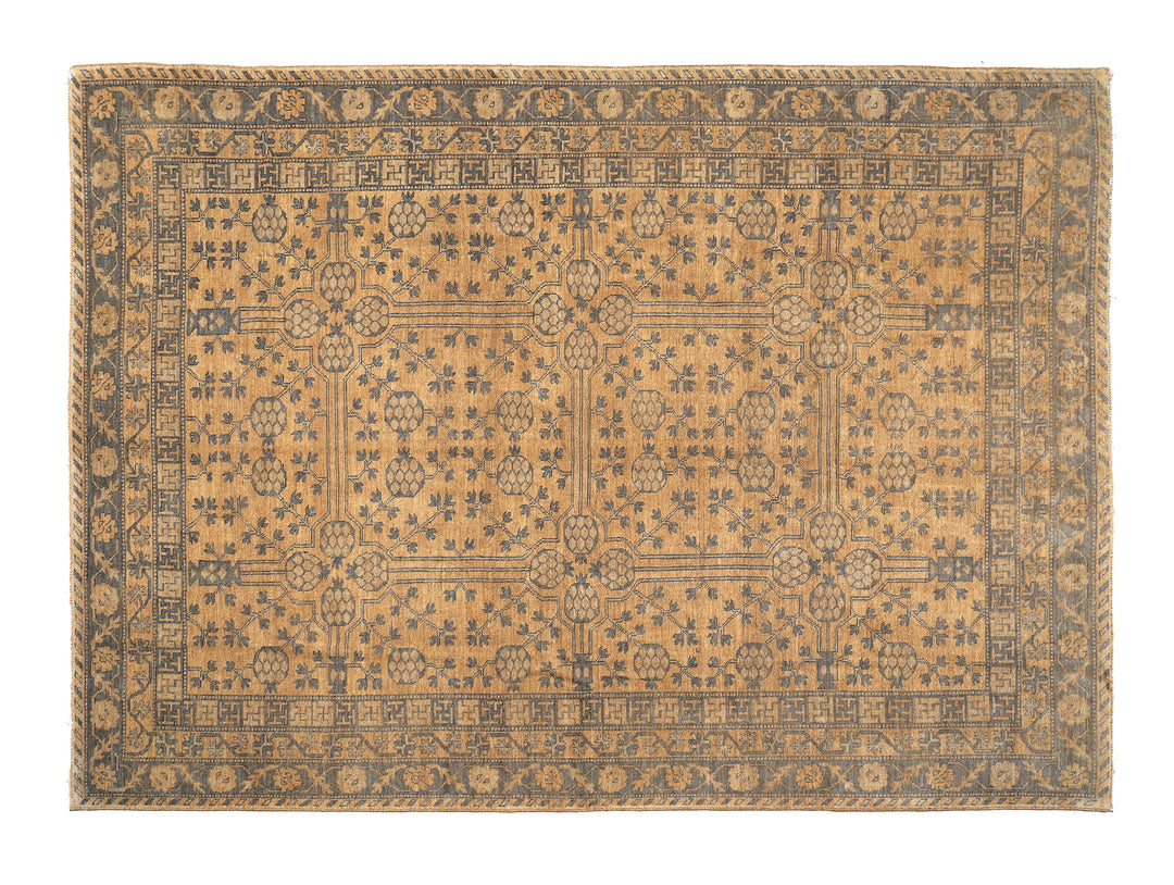 10x14 Afghan hand-knotted Samarkand Khotan pomegranate design rug in gold and grey organic wool by Ariana Rugs West Hollywood