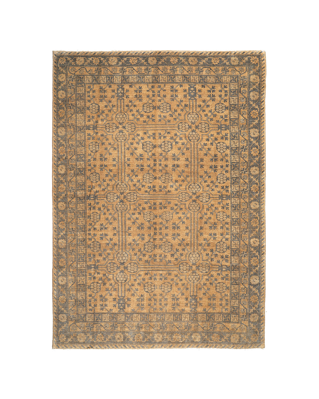 10x14 Afghan hand-knotted Samarkand Khotan pomegranate design rug in gold and grey organic wool by Ariana Rugs West Hollywood