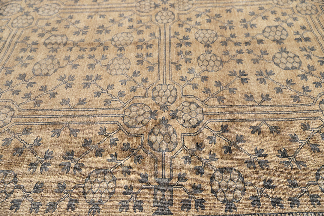 10x14 Afghan hand-knotted Samarkand Khotan pomegranate design rug in gold and grey organic wool by Ariana Rugs West Hollywood