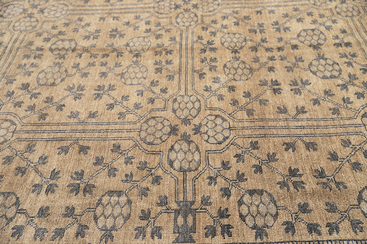 10x14 Afghan hand-knotted Samarkand Khotan pomegranate design rug in gold and grey organic wool by Ariana Rugs West Hollywood