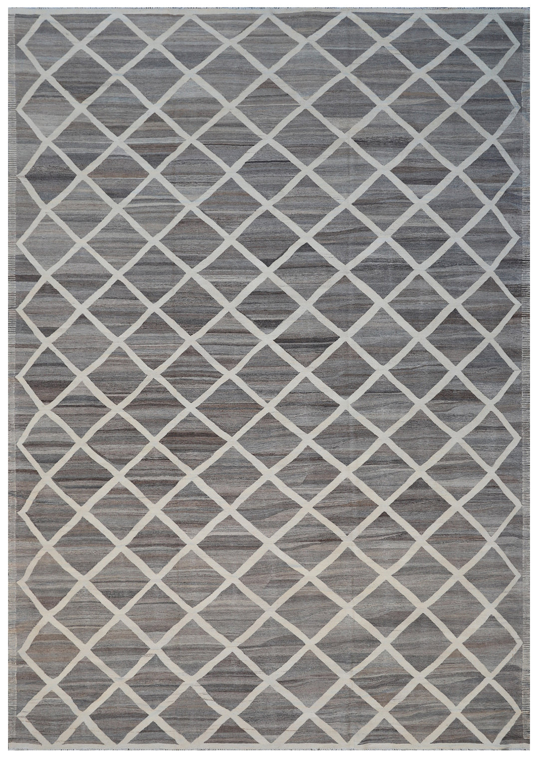 10x14 Large Grey and Cream Diamond Ariana Kilim Rug - Hand-woven Flatweave