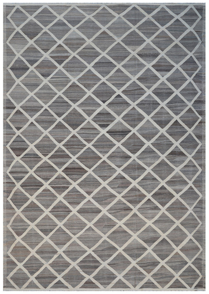 10x14 Large Grey and Cream Diamond Ariana Kilim Rug - Hand-woven Flatweave