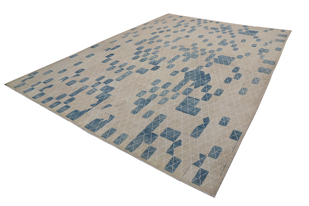10'x14' Geometric Wool Area Rug | Blue & White Modern Rug