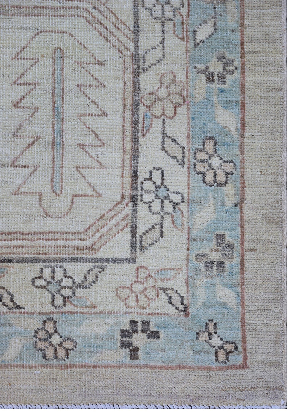 14' x 10'1" Hand-knotted Ariana Transitional area rug featuring a Persian Bakhshayesh design in mauve, blue, brown, and cream colors.