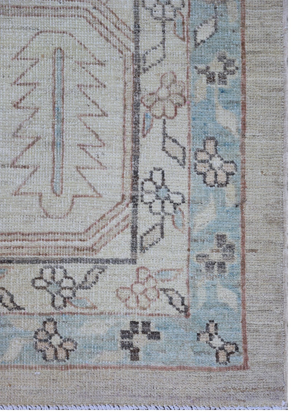 14' x 10'1" Hand-knotted Ariana Transitional area rug featuring a Persian Bakhshayesh design in mauve, blue, brown, and cream colors.