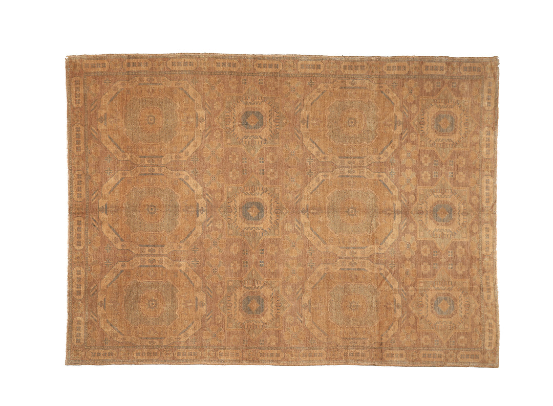 10x14 luxury hand-knotted golden Oushak style rug with geometric motifs by Ariana Rugs West Hollywood