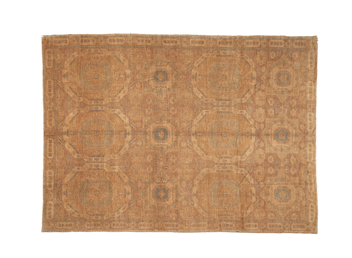 10x14 luxury hand-knotted golden Oushak style rug with geometric motifs by Ariana Rugs West Hollywood