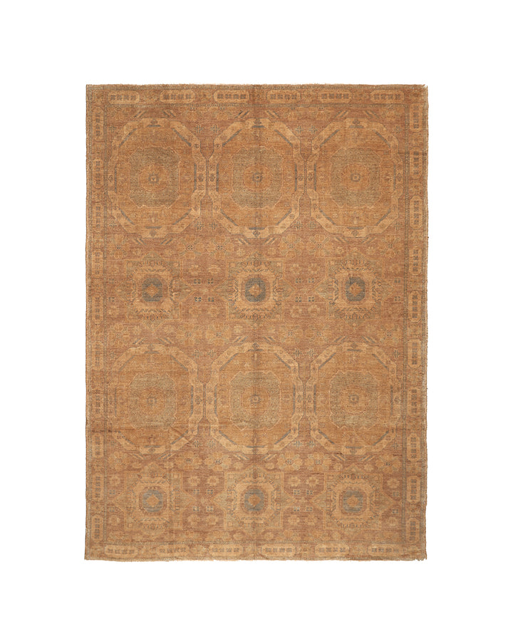 10x14 luxury hand-knotted golden Oushak style rug with geometric motifs by Ariana Rugs West Hollywood