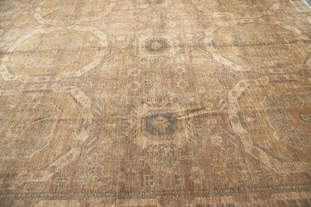 10x14 luxury hand-knotted golden Oushak style rug with geometric motifs by Ariana Rugs West Hollywood