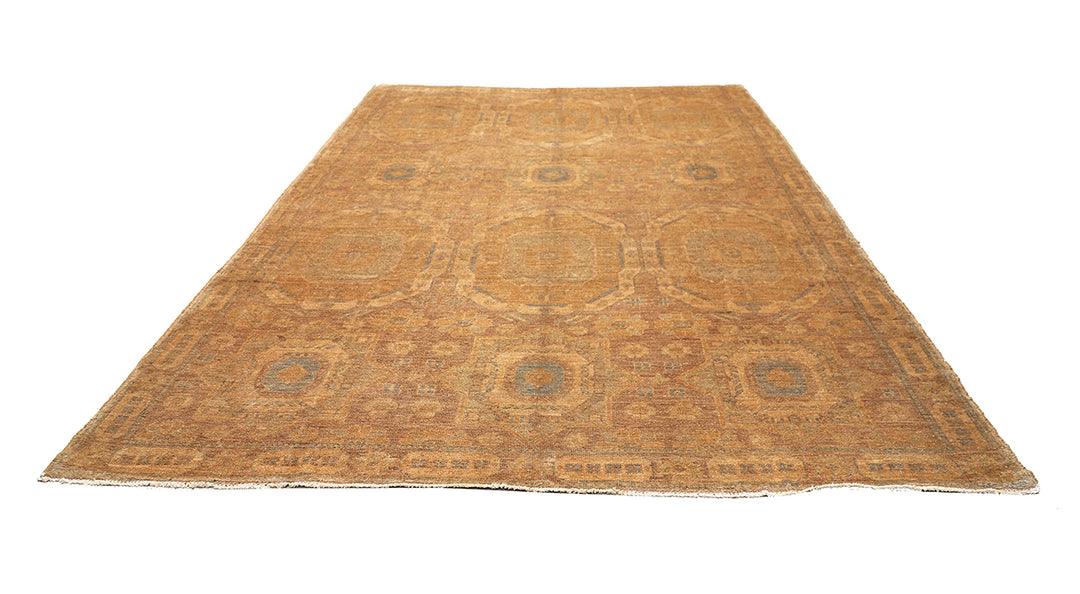 10x14 luxury hand-knotted golden Oushak style rug with geometric motifs by Ariana Rugs West Hollywood