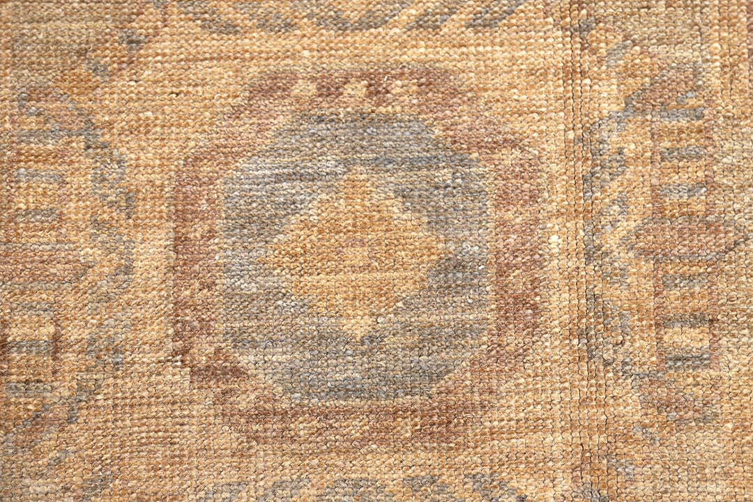 10x14 luxury hand-knotted golden Oushak style rug with geometric motifs by Ariana Rugs West Hollywood