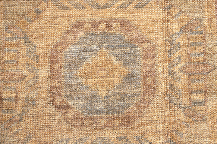 10x14 luxury hand-knotted golden Oushak style rug with geometric motifs by Ariana Rugs West Hollywood