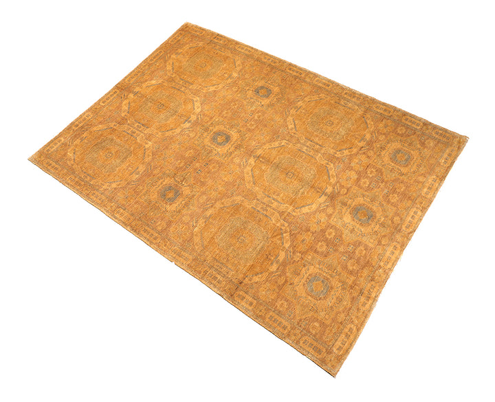 10x14 luxury hand-knotted golden Oushak style rug with geometric motifs by Ariana Rugs West Hollywood