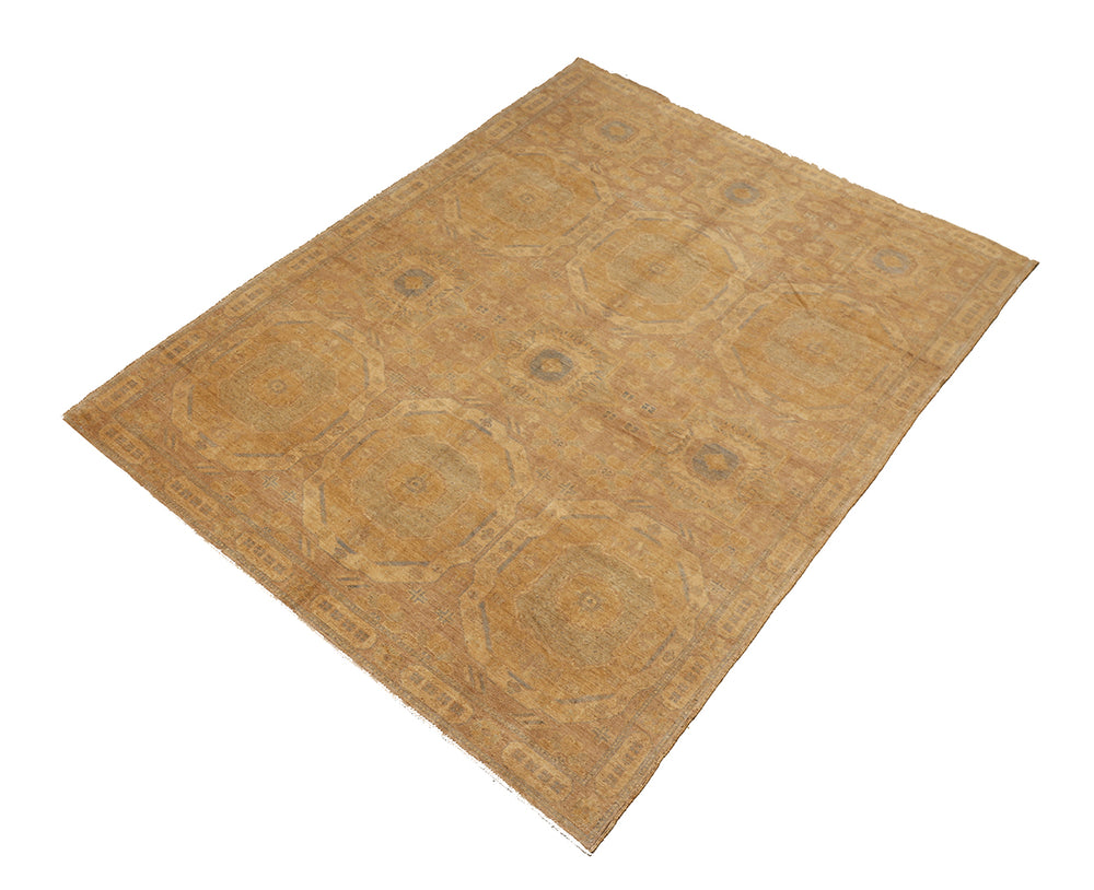 10x14 luxury hand-knotted golden Oushak style rug with geometric motifs by Ariana Rugs West Hollywood