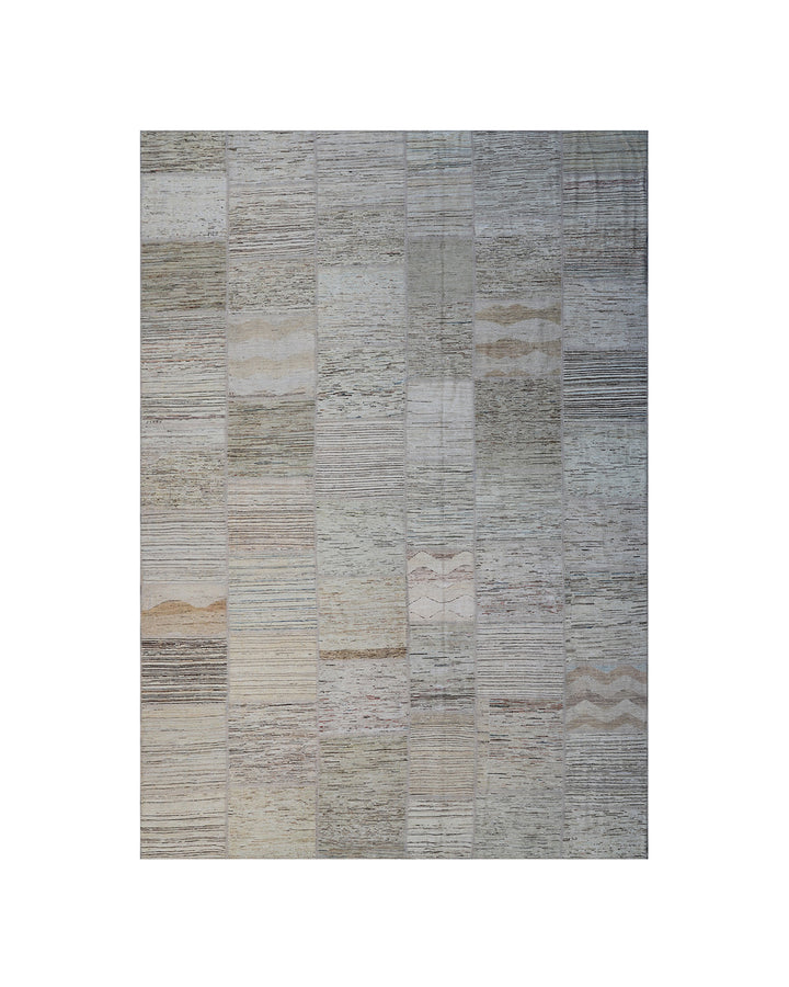 Rectangular rug with a pattern of horizontal stripes in shades of gray, beige, and brown on a white background.