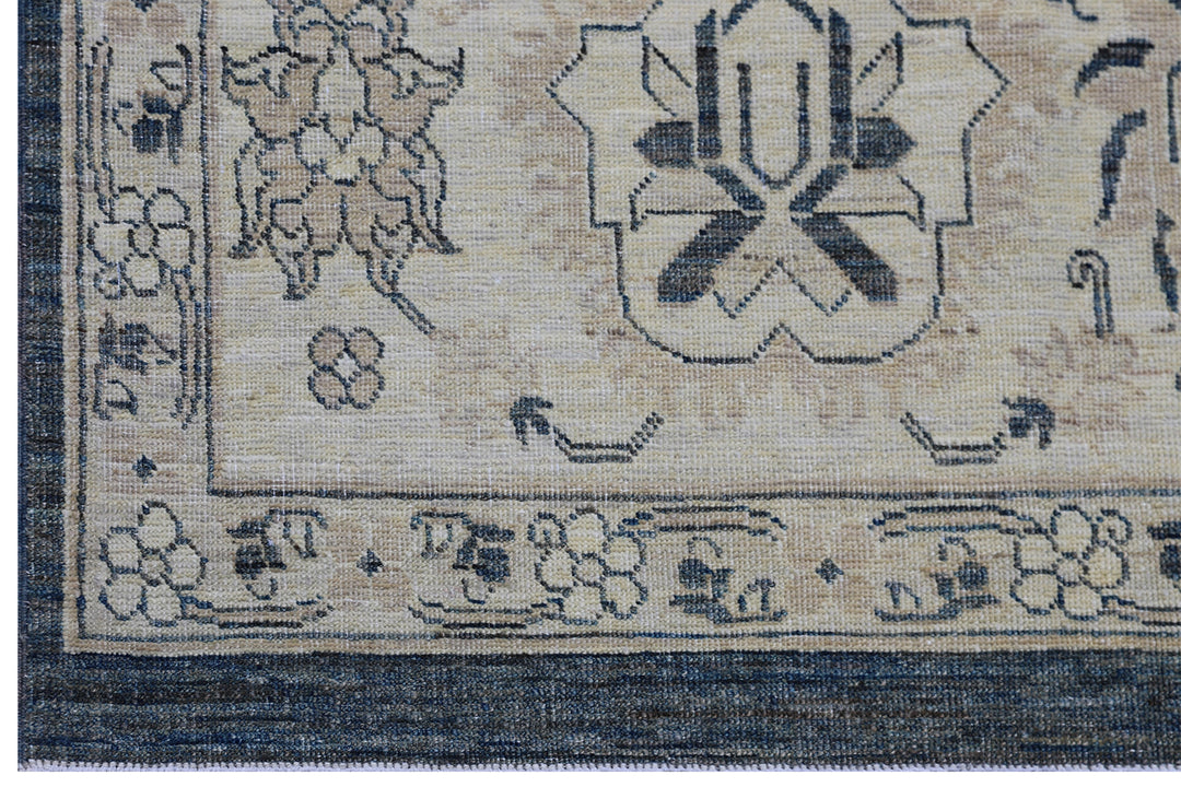 10'x14' Hand-Knotted Agra Rug | Navy & Tan Floral Design Rug