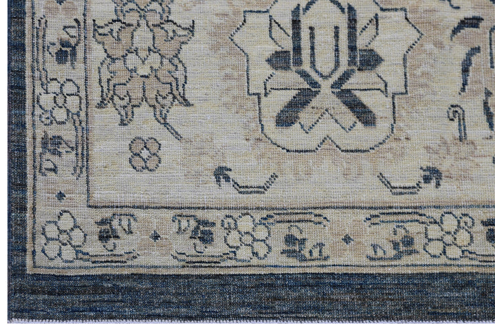 10'x14' Hand-Knotted Agra Rug | Navy & Tan Floral Design Rug