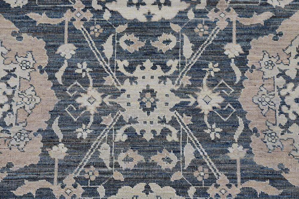 10'x14' Hand-Knotted Agra Rug | Navy & Tan Floral Design Rug