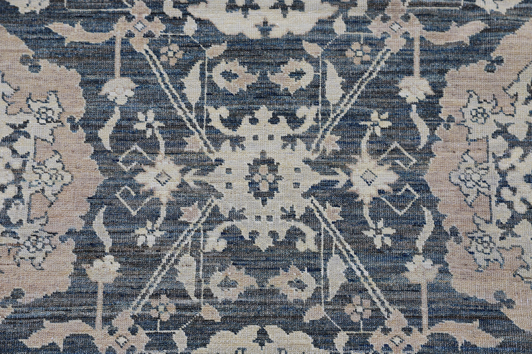 10'x14' Hand-Knotted Agra Rug | Navy & Tan Floral Design Rug