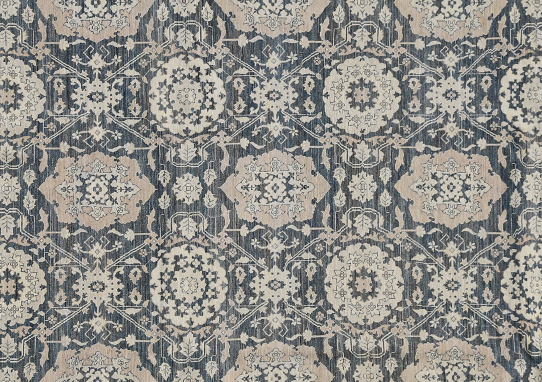 10'x14' Hand-Knotted Agra Rug | Navy & Tan Floral Design Rug