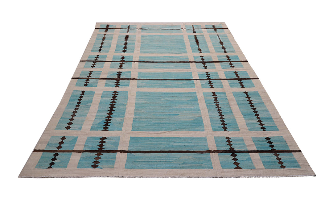 10'x14' Handwoven Kilim Rug | Turquoise Brown Ivory | Luxury Geometric