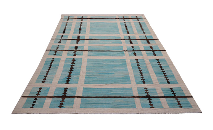 10'x14' Handwoven Kilim Rug | Turquoise Brown Ivory | Luxury Geometric